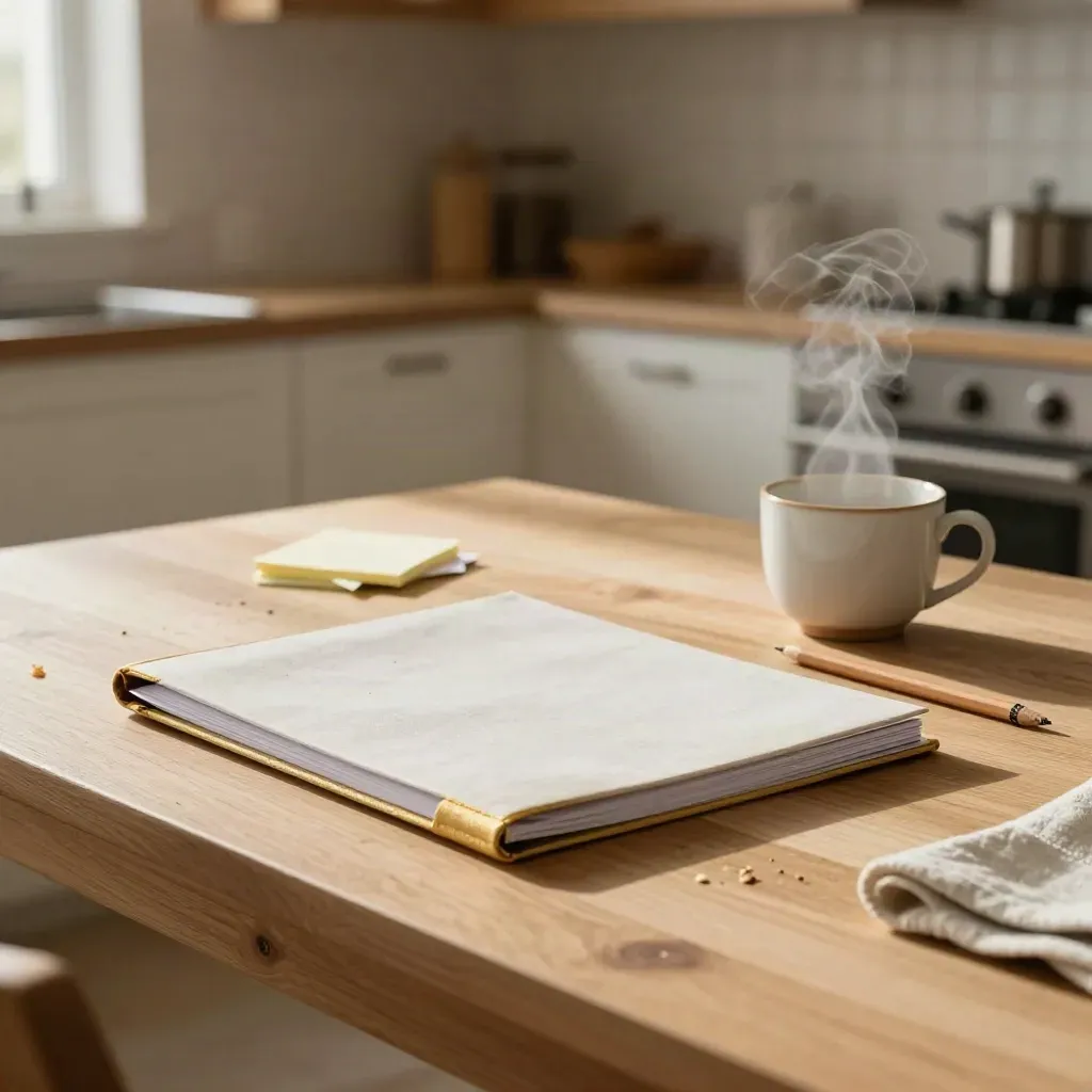 Küchentisch mit Schreibmappe, Tasse, Haftstreifen und Bleistift im warmen Fensterlicht.
