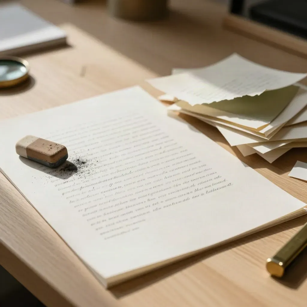 Bearbeitetes Blatt mit Radiergummi, Bleistiftspuren und kleinen ausgeschnittenen Papierfetzen.