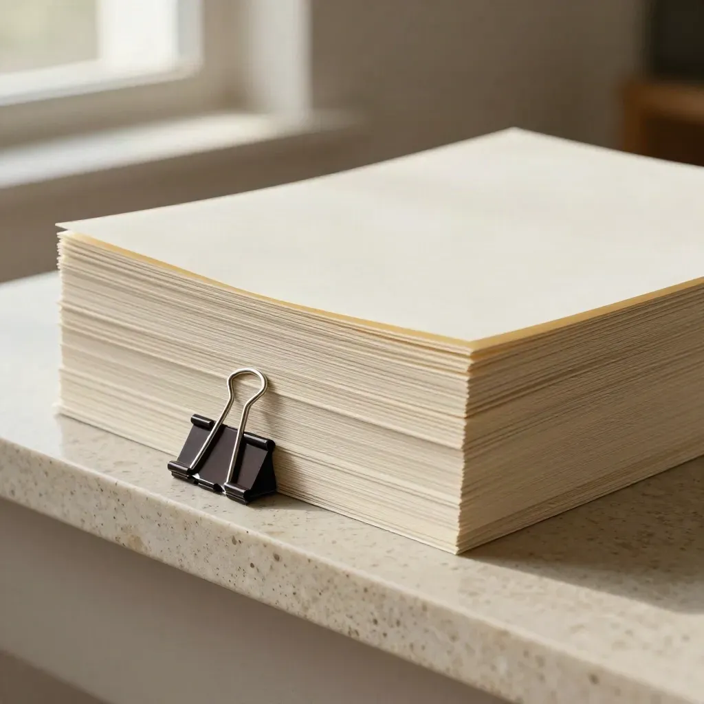 Papierstapel mit dunklem Clip und markantem Schatten auf hellem Stein.