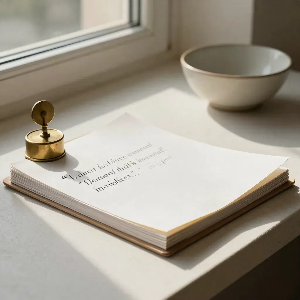 Helle Fensterbank mit Quellenblatt unter Messinggewicht, Clipboard und Keramikschale.