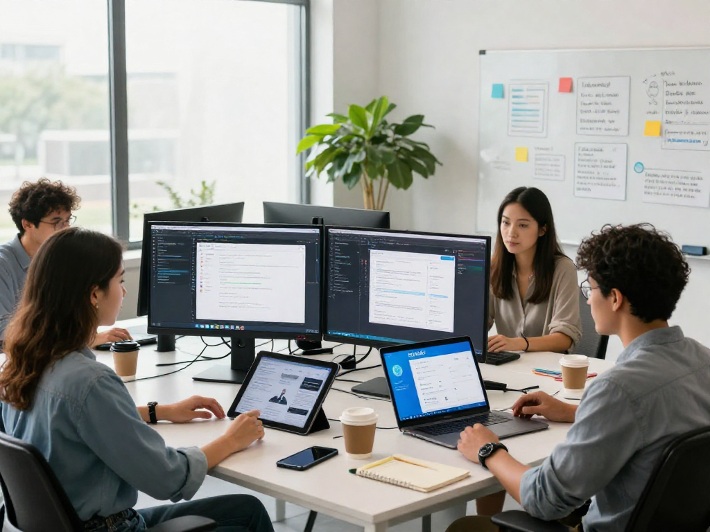 Developers collaborating on the debet app in a tech workspace with coding displays and innovative design elements.